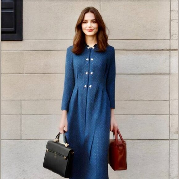 Chaus Red Polka Dot Sheath Dress, Gold Button, Long Sleeve, Size 12 - Picture 2 of 9